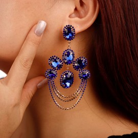 Denifery Crystal Statement Earrings for Women Bohemian Rhinestone Earrings Drop Chandelier Earrings for Prom Wedding (Blue)