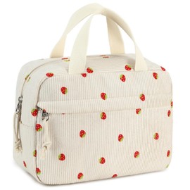 Makeup Bag, Travel Makeup Bag, Jewellery Case Set, Portable Corduroy Cosmetic Bag, Jewellery Box Organiser for Women and Girls, Strawberry pattern on beige background