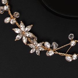 Cristal Artificial Perla Corona Novia Boda Diadema para Mujeres Niñas, Crystal Rhinestone Tocado Floral Accesorios para el Cabello Novia Cumpleaños Fiesta Boda Prom Fotografía (Gold)