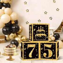75th Birthday Decorations Boxes for Men- 3PCS Black Gold Happy 75th Birthday Balloons Boxes, 75 Year Old Party Supplies for Men Women