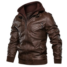 CARWORNIC Men's Faux Leather Jacket Casual Brown Motorcycle Jacket with Removable Hood