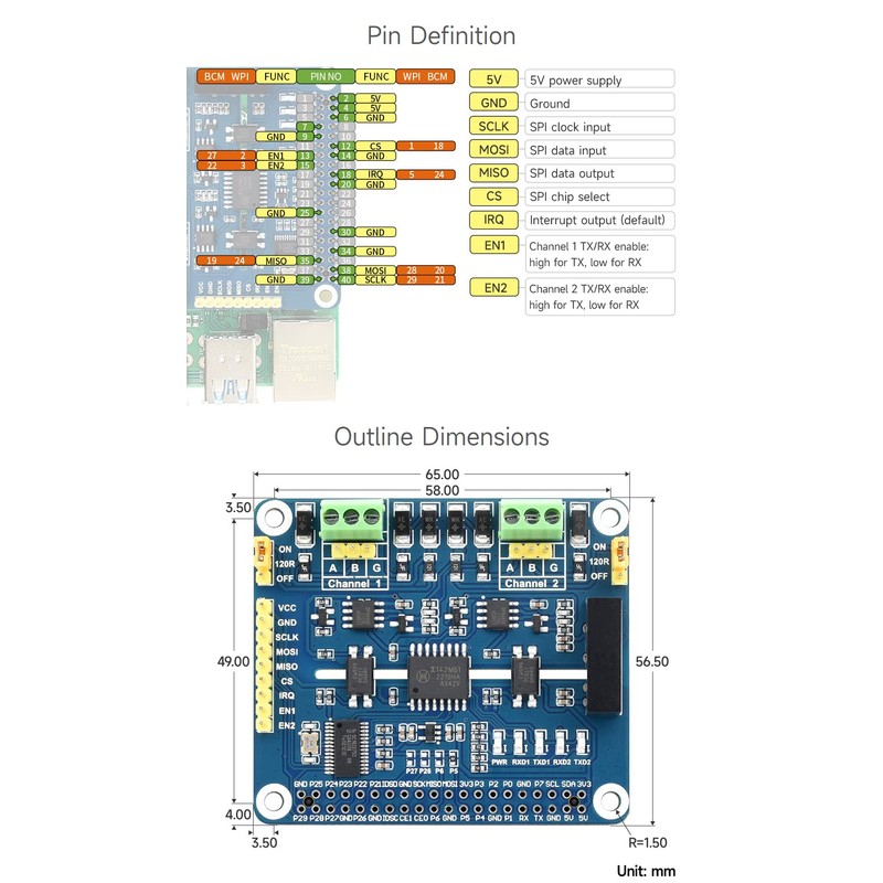 Waveshare 2-Channel Isolated RS485 Expansion HAT, Compatible with Raspberry Pi