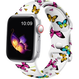 Easuny Compatible with Watch Band 38mm 40mm 41mm 42mm 44mm 45mm 49mm for Women, Butterflies Print Soft Silicone Floral Fadeless Wristband Sport Strap for Watch SE Series 9 8 7 6 5 4 3 2 1 Ultra