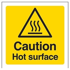 V Safety 62018AF-R Caution, Hot Surface Sign - Square - 100mm x 100mm - 1mm Rigid Plastic, Black/Yellow