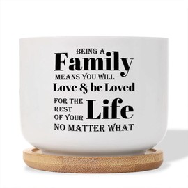 DecStic Being A Family Means You Will Love and Be Loved for The Rest of Your Life Planter Ceramic Bible Verse Round Flower Pots with Drainage Holes and Bamboo Tray Pot for Indoor Outdoor Garden