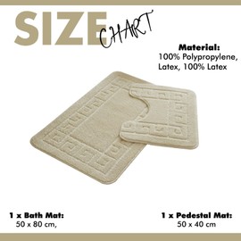 Lions 2 Piece Non Slip Striped Bath Mat & Pedestal Set - Greek Key Pattern Bathroom Toilet Rugs, Microfibre Mats, Super Soft Bathmat (Cream, Normal)