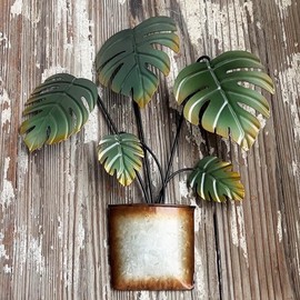 Sintosin Vintage Small Metal Monstera Leaf Wall Decor 10 X 12 Inches, Hanging Tropical Palm Leaves Metal Wall Art for Bedroom, 3D Green Fake Potted Plant Home Wall Decor for Living Room Office