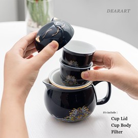 DEARART Tea Cup Portable Set with Strainer Infuser and Lid, 10.8oz Tea Mug and 2-Cups, Wide Mouth Easy to Clean Keep Tea Hot, Steeping Loose Leaf Tea Bag Personal Tea Cup, Cute Cat, Dark Blue