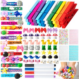 LIENATSER 60 Set Cheer Pins Spirit Clips Include 94 Wooden Colored Clothes Pins Mini Resin Animals and 300 Self Adhesive Stickers Pen for Cheerleading Backpacks Cheer Gifts Bulk (Colorful)