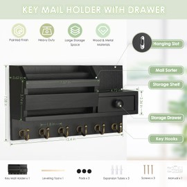 VIS'V Key Holder for Wall, Wooden Key Mail Holder with Drawer Wall Mount Key Organizer Mail Sorter with 6 Key Hooks Key Rack with Shelf for Entryway Doorway Hallway - Black