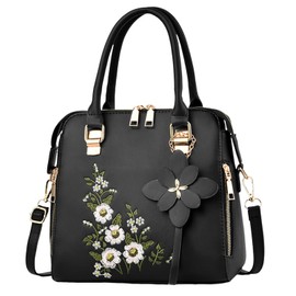 Damen-Handtasche, bestickt, modisch, Leder, große Kapazität, Schultertasche, elegant, Umhängetasche, Umhängetasche, Shopping, Alltag, Schwarz, One size