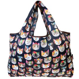 allydrew Large Foldable Tote Nylon Reusable Grocery Bags, 5 Pack, Cats Everywhere