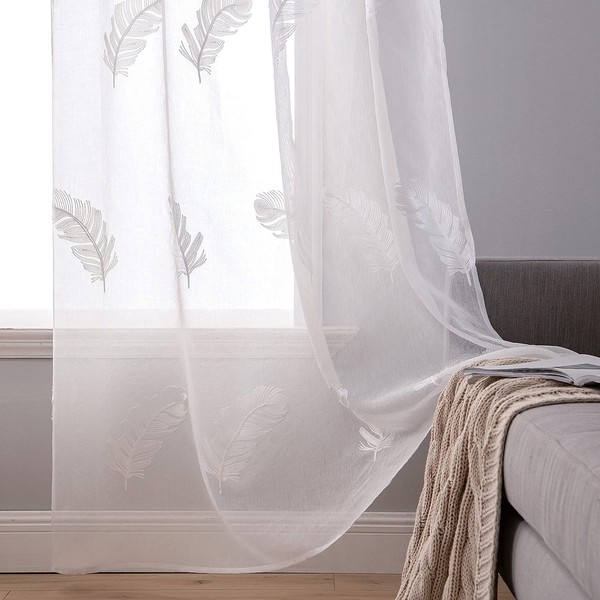 Miulee Sheer Voile Floral Embroidery Curtains With Eyelets, Transparent