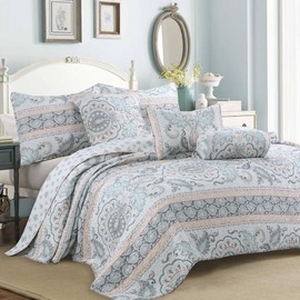 Cozy Line Home Fashions Paisley Pastel Print Blue Leaf Floral Polyester Quilt Bedding Set,Coverlet, Bedspread (Peach Damask, Queen - 3 Piece)