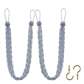 Home Queen - Cortina trenzada a mano con amarre para cortina, alzapaños con hebilla, 2 cuerdas para cinturón con 2 ganchos de metal, color gris