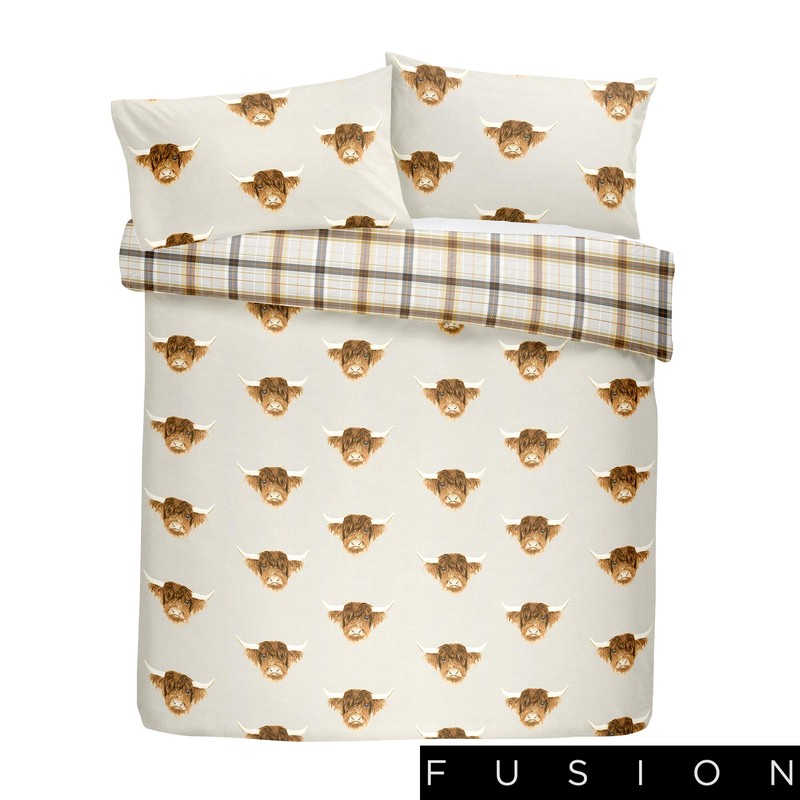Fusion Highland Cow Reversible Duvet Cover Set, Ochre,1 pack, Single,Yellow