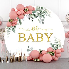 Leyiyi 6.5ft x 6.5ft Greenery Oh Baby Baby Shower Round Backdrop Cover, Watercolor Green Eucalyptus Leaves, Polyester, For Baby Shower, Bridal Shower, Wedding, Birthday, Anniversary