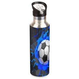 YoCosy Insulated Stainless Steel Water Bottle with Straw 20oz Blue Black 3d Sport Soccer Football Sports Water Bottles BPA Free Leakproof Metal Vacuum Flask Jug for Kids Gym Fitness