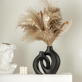 Vzmiza Hollow Black Ceramic Vase Set of 2, Decorative Flower Vase for Pampas Grass, Nordic Modern Boho ins Style Donut Vase for Flowers, Home Living Room, Aesthetic Flower Vase for Farmhoue (Black)