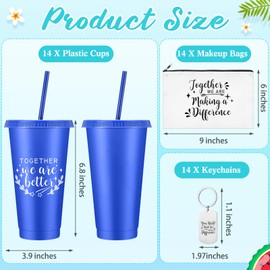 Skylety 42 Pcs Employee Appreciation Gifts Bulk 24oz Thank You Tumbler Plastic Reusable Cups with Lid and Straw Inspirational Makeup Bags Keychains, Gifts for Teacher Coworker