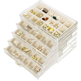 SPAKOWN Earring Organizer, Acrylic Jewelry Box with 5 Drawers, Clear Velvet Earring Storage Display Case with 90 Compartments for Women Girls (Beige)