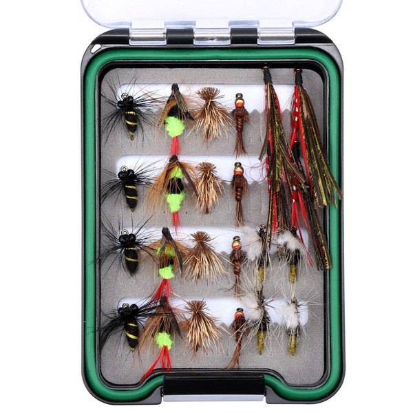 Goture Fly Fishing Flies Kit - Handmade Dry Wet Fly Fishing Lure with Waterproof Fly Box Includes Bee Bird Nymphs Streamer 16 & 24 Pieces - Ideal for Bass Trout Panfish