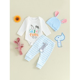 Dubute My 1st Easter Outfits Infant Baby Boys Girl Long Sleeve Romper Bunny Bodysuit+ Pants + Hat with Plush Tail 3Pcs (White My 1st Easter, 6-12 Months)