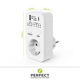 Perfect Socket Timer, Timer 230 V, Countdown Switch Socket, Timer Socket with USB and USB C Connection, Timer Socket Programmable, Timer Switch, White