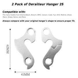 2 Pack Alloy Derailleur Hanger 25 - Gear Tail Hook Replacement Compatible with Diamondback, Bianchi, BMC, Canyon, Cube, Fuji, Ghost, Marin, Orbea, and More MTB & Road Bikes