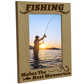 CREATCABIN Engraved Wood Picture Frame Fishing Photo Frame Display Pictures 4x6 Wall Mounting Printing Poster Frame Stand for Loss of Loved One Gallery Tabletop Decor 6x8Inch-Makes The Best Memories