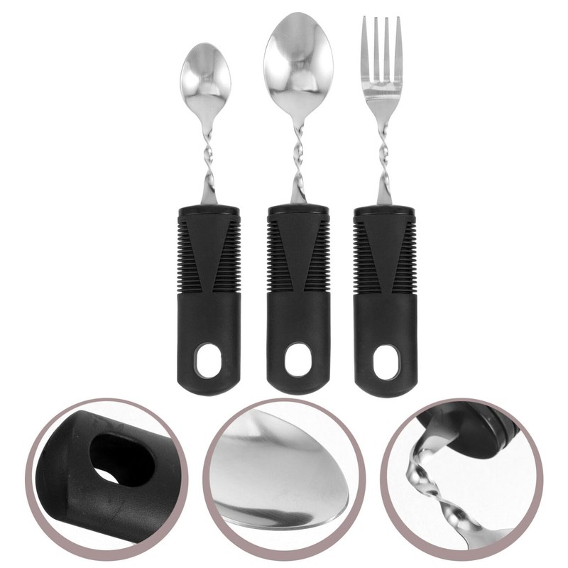 Beavorty Adaptive Utensils 3pcs Curved Spoon Fork with Non- Handles