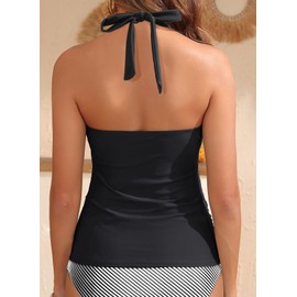 Womens Halter Tankini Tops Only - V Neck Tummy Control Swim Top Lace Up Bathing Suit Ruched Top Only No Bottom 2025 Black