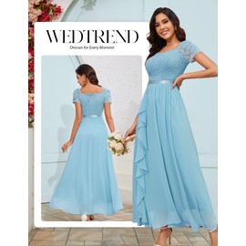Wedtrend Elegant Evening Dress Long for Wedding Square Neck Lace Dress A Line Ruffle Dress with Chiffon, lightblue