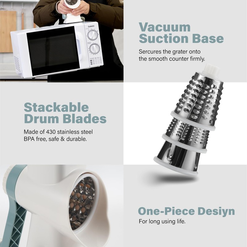 Rotary Cheese Grater hand crank 3 blades with Stronger Suction