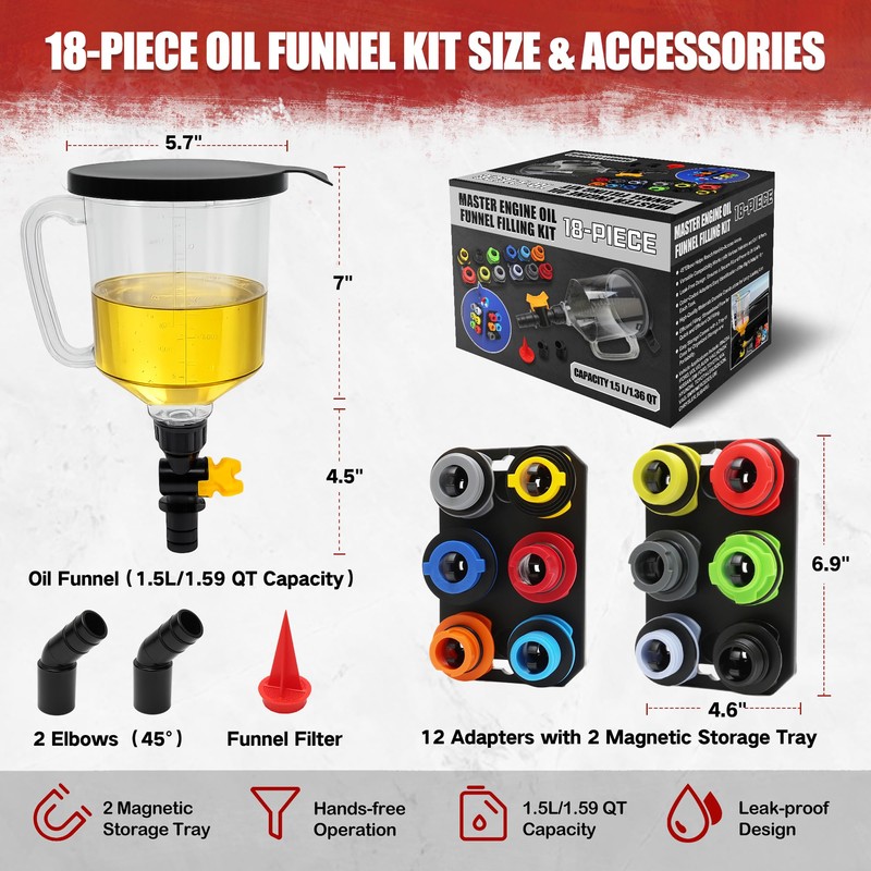 18Pcs No-Spill Engine Oil Funnel Kit, 1.59QT/1.5L Automotive Oil Funnel