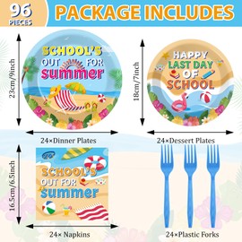 96Pcs School's Out for Summer Plates and Napkins Happy Last Day of School Party Supplies End of School Year Theme Tableware Set Hawaii Pool Themed Plates for Kids Tropical Beach Party Favors Serves 24