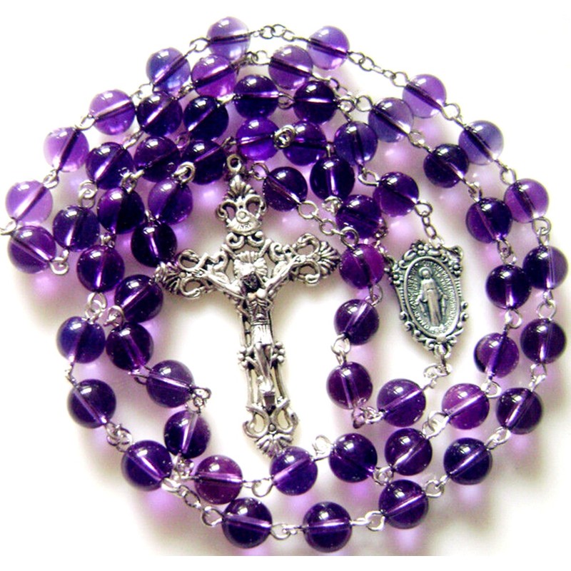 elegantmedical 8MM Amethyst Beads Rosary Cross Crucifix Catholic Necklace