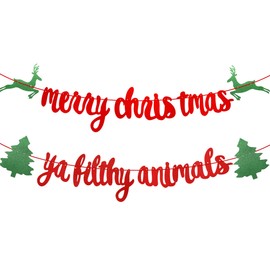 Red Glittery Merry Christmas Banner, Merry Christmas Ya Filthy Animal Banner, Christmas Party Holiday, Ugly Sweater Christmas Party Decorations, Christmas Dinner, Mantle Home Decor,Xmas Sign Decor