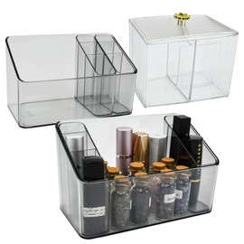 HEKOBAG Pack of 2 Cosmetic Storage Boxes Plastic Make Up Organiser Small Bathroom Cosmetic Storage with 2 Dividers Dressing Table Storage Boxes with Cotton Buds Container for Brush Eyeliners