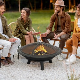 YITAHOME 30in Steel Replacement Fire Bowl with Round Spark Screen, Poker and Detachable Grate, Wood Burning Fire Pit Bowl for DIY or Existing Outdoor Patio Fire Pit