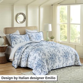 PERHOM 100% Cotton Floral Full/Queen Quilt Set with Shams, Blue Vintage Botanical Bedding Set, All-Season, Lightweight Bedspread, Reversible, 3 Pieces Farmhouse Bedding (Full/Queen Size, Blue/White)