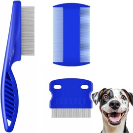 3 Pack Flea Lice Comb, Flea Comb for Dogs Cats, Stainless Steel Dog Cat Grooming Combs, Fine Teeth Pet Comb Grooming Set, Dog Hair Comb Grooming Tool for Removing Tear Stains, Fleas, Dandruff（Blue）