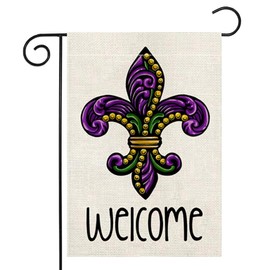 LHSION Mardi Gras Garden Flag 12.5 x 18 Inch Fleur de Lis Vertical Double Sided Burlap Flag for Farmhouse Yard Holiday Decoration