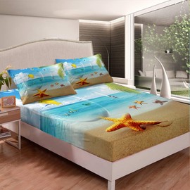 Loussiesd Hawaiian Beach Bed Sheet Set Beach Starfish Bedding Set Ocean Marine Themed Fitted Sheet for Kids Men Women Palm Tree Bed Cover Summer Holiday Room Decor King Size