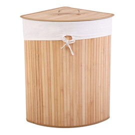 Giantex Corner Laundry Hamper with Lid, Bamboo Laundry Basket with Removable Liner and Handle, Clothes Basket for Cloth Organize, Clothes Storage Bin for Bedroom, Laundry, Living Room (Beige)