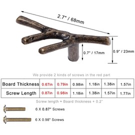 Sinyiol Branch Knob 6pcs Bronze Vintage Tree Twig Branch Cabinet Knobs Pull Handles with 2 Sizes Screws,Zinc Alloy Drawer Handle for Mountain House Kitchen Cupboard (Single Hole, Bronze)