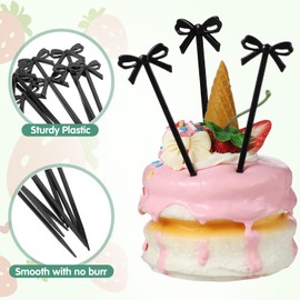 60PCS Black Bows Cocktail Picks, 4 Inch Bow Cupcake Topper, Plastic Fruit Picks for Drinks, Desserts, Charcuterie, Christmas, Wedding Party