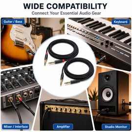KOOKFJLLZ 1/4 Inch TRS Cable 10FT 2-Pack, 6.35mm Balanced OFC Gold Plated Braided Instrument Cable, Triple-Layer Shielded for Guitar, Bass, Keyboard, Mixer, Amplifier and Studio Monitor