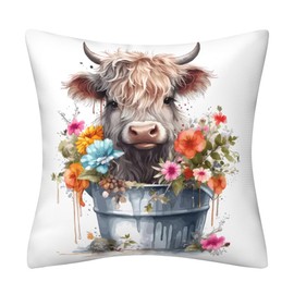 DILOXNSU Highland Cow Gifts Cushion Cover 45x45cm Home Decorate Cute Happy Color Baby Highland Cow in Flowers Bucket Cushions for Livingroom Couch Sofa Decor Throw Pillow Case 18"x18"