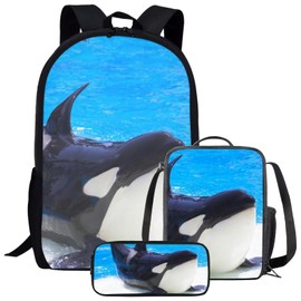 Parprinty Kids Novelty Animal Backpack and Lunch Box for Boys Girls Student Lightweight 17 Inch School Killer Whale Orca Backpack with Lunch Bag Pencil Case Kids Comfy Padded Black Large Bookbag